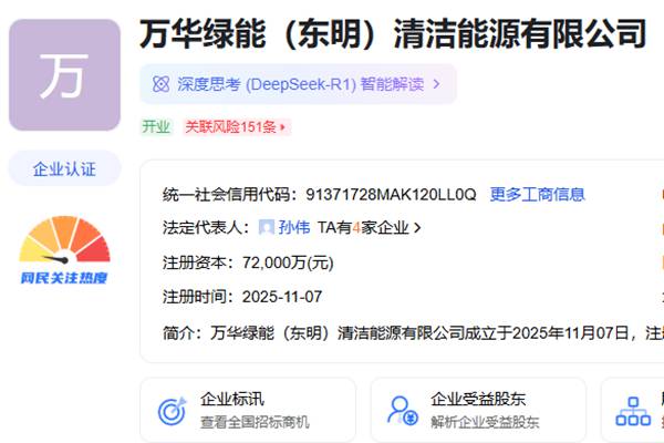 万华化学、国电电力合资成立清洁能源公司